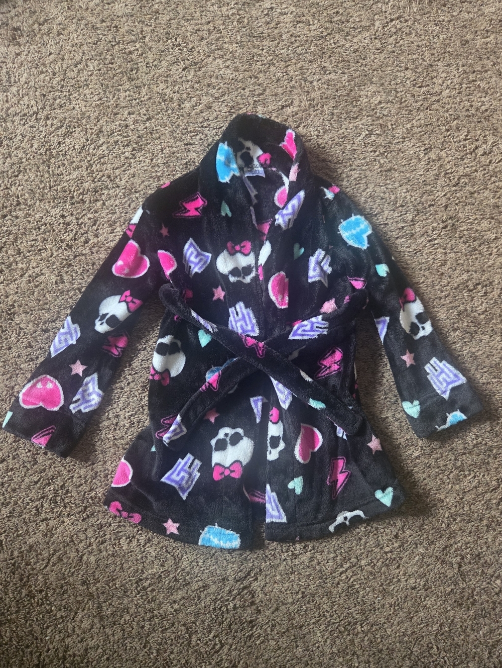 Girls Plush Black Monster High Bath Robe Skull & Heart Housecoat